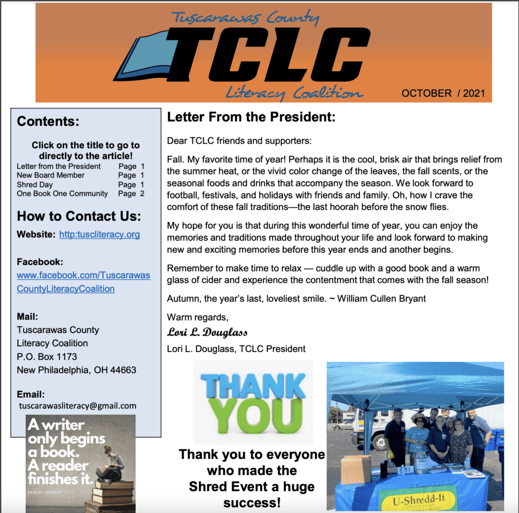Screen Shot of TCLC October 2021 Newsletter