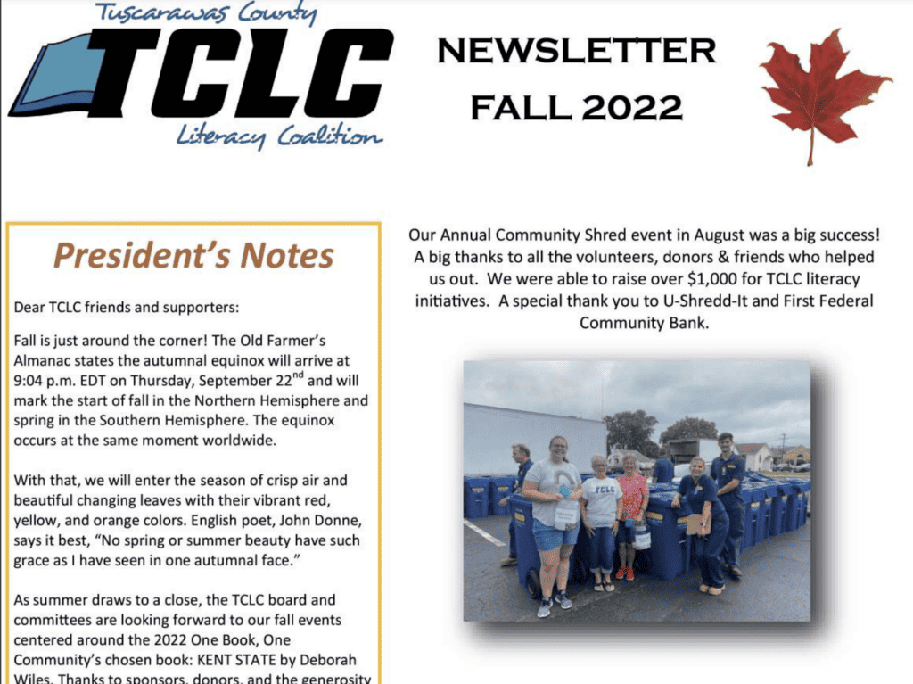 Image of first page of the TCLC Fall 2022 Newsletter