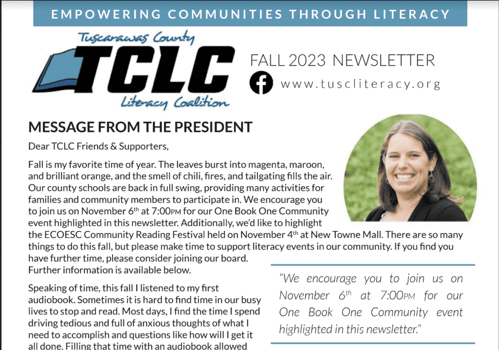 Preview of the first page of the TCLC Fall 2023 Newsletter with a message from President and headshot.